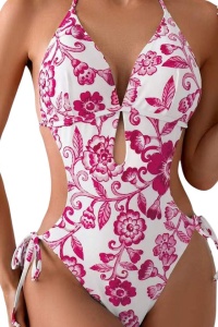 Costum de baie, o piesa, model provocator, prindere dupa gat, spate gol, chilot decupaj clasic croi ingust reglabil, tematica feeling sexy roz