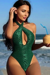Costum de baie, o piesa, model senzual, prindere dupa gat, spate gol, decolteu provocator, chilot decupaj clasic croi foarte ingust, tematica sexy summer verde - Img 4