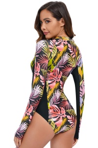 Costum de baie, o piesa, model vesel colorat, cu maneca lunga si imprimeu floral, tematica summer queen negru cu multicolor - Img 2