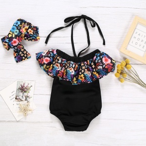 Costum de baie pentru fetite, prindere reglabila dupa gat, model chic elegant, tematica florala, cordon asortat, negru - Img 2