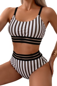 Costum de baie, set 2 piese, model cu dungi pentru efect de alungire, sutien tip bustiera si chilot talie inalta, tematica fun summer vibe alb cu negru
