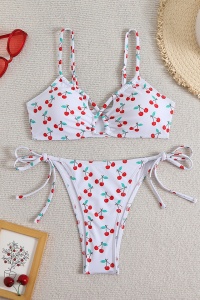 Costum de baie, set 2 piese, model deosebit, vesel, sutien tip bustiera si chilot decupaj clasic croi ingust, tematica summer dream alb - Img 4