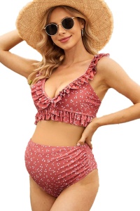 Costum de baie, set 2 piese, model dragut, cozy confortabil, imprimeu bulinute mici, sutien reglabil si chilot decupaj clasic talie inalta, tematica happy mommy caramiziu