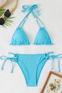 Costum de baie, set 2 piese, model jucaus, sutien cupe triunghiulare si chilot decupaj clasic croi ingust, accesorii delicate, tematica summer vibe albastru deschis - Img 3