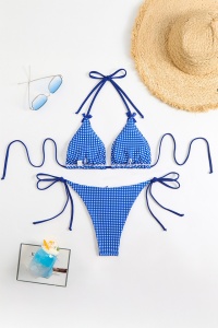 Costum de baie, set 2 piese, model minimalist cu fundite, sutien cupe triunghiulare si chilot decupaj clasic croi ingust, tematica sexy summer alb cu albastru deschis - Img 4