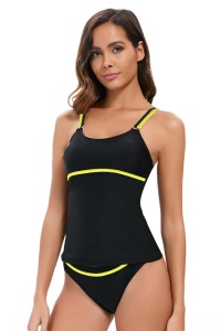 Costum de baie, set 2 piese, model sport delicat, maieu cu bretele subtiri si chilot decupaj clasic, ideal pentru activitati pe plaja, tematica sport beach negru cu galben