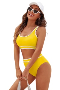 Costum de baie, set 2 piese, model super confortabil cu detaliu de contrast, sutien tip bustiera si chilot talie inalta, tematica happy summer day galben