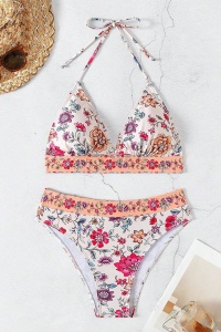 Costum de baie, set 2 piese, model vesel incitant, sutien cupe triunghiulare si chilot talie inalta coapsa dezgolita, tematica happy summer days bej multicolor - Img 3