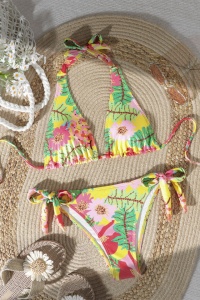 Costum de baie, set 2 piese, model vesel senzual, sutien cu decolteu generos si prindere dupa gat, chilot decupaj clasic croi ingust, tematica exotic summer multicolor - Img 4