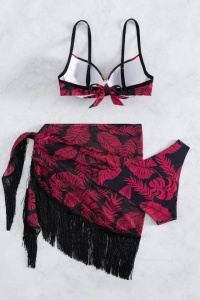 Costum de baie, set 3 piese, model provocator, sutien prindere reglabila, chilot decupaj clasic si cover tip fusta cu franjuri, tematica fantezie de vara negru cu rosu - Img 4