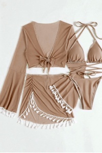 Costum de baie, set 4 piese, model vesel jucaus, accesorii ciucurei, sutien prindere crossbody, chilot decupaj clasic croi ingust, top scurt maneci lungi si fusta scurta semitransparenta, tematica beach party mood maro - Img 3