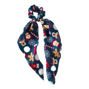 Elastic de par, model de sarbatoare cu prelungire tip ponytail, imprimeu vesel cu tematica de Craciun, albastru inchis
