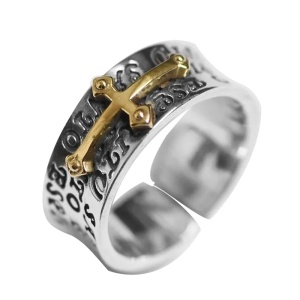 Inel retro, model cruce crestina, tematica religioasa holly cross, inscriptionat cu litere, marime universala, reglabil, unisex, argintiu,