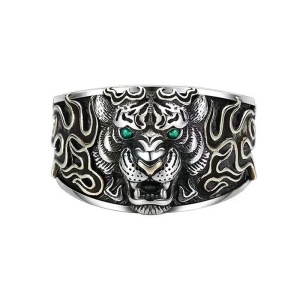 Inel tribal, model tigru fioros, tematica wildlife predator, marime universala, reglabil, unisex, argintiu,