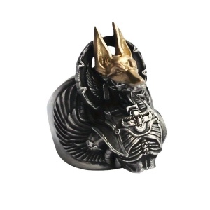 Inel unisex, model egiptean cu Anubis the God, tematica Guide of the Underworld, reglabil, argintiu deschis,