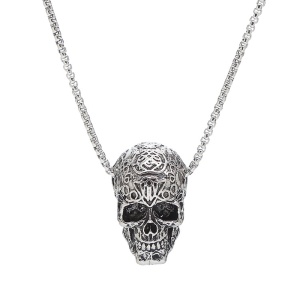 Lant cu pandantiv cap de om cu ritual, unisex, argintiu inchis,