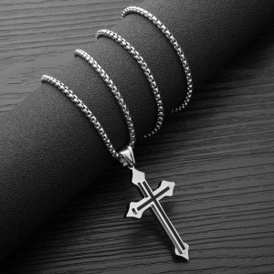 Lant cu pandantiv cruce, M1, unisex, argintiu metalizat, - Img 3