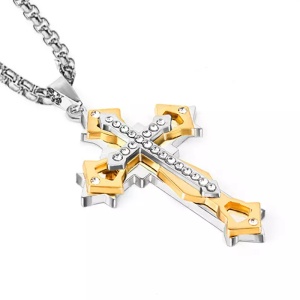 Lant cu pandantiv cruce. model dominator, insertie aurie cu cristale semipretioase, unisex
