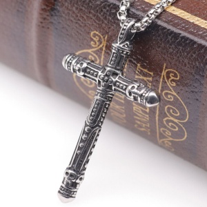Lant cu pandantiv cruce, model holy cross, M4 stil aztec, unisex, argintiu antichizat, - Img 4