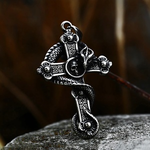Lant cu pandantiv cruce si dragon, unisex, argintiu, - Img 2