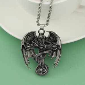 Lant cu pandantiv cruce vintage, model cu dragon si aripi mari, tematica deadly cross, unisex, argintiu, - Img 4