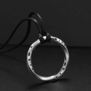 Lant cu pandantiv geometric cerc, model cu numere romane, tematica twisted geometry M1, unisex, argintiu, - Img 2