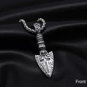 Lant cu pandantiv varf de sageata si cruce, tematica templar warrior, unisex, argintiu, - Img 2
