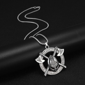 Lant cu rune si luptator viking, model berserk dual axe rage, unisex, argintiu, - Img 4