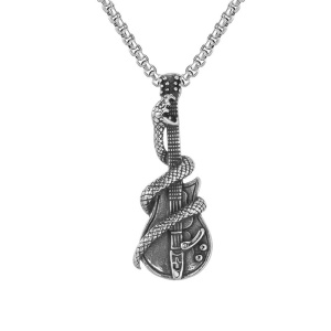 Lant cu tematica rock on music, pandantiv chitara M1 cu sarpe, unisex, argintiu inchis,