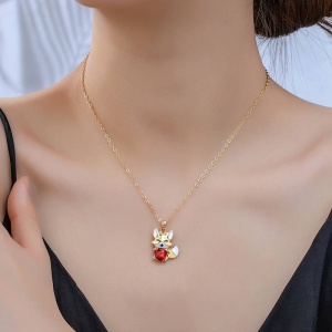 Lant dama, pandantiv cu vulpita cute, accesorizat cu cristale, tematica happy fox, auriu cu rosu - Img 2