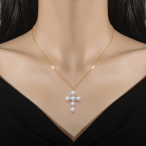 Lant dama, pandantiv delicat, model cu cruce accesorizata cu margele fashion, tematica believer, reglabil, auriu - Img 2