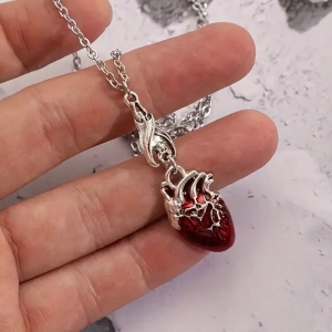 Lant dama, pandantiv special in forma de inima, tematica dragon heart, rosu cu argintiu - Img 2