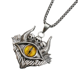 Lant demon world, cu pandantiv evil eye cu detalii capete de schelet, unisex, galben,