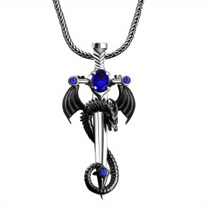 Lant gotic cu pandantiv sabie si dragon, model mitologic fantasy, tematica dragon slayer, unisex, albastru, - Img 3