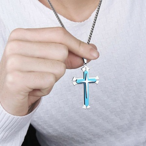 Lant minimalist, cu pandantiv cruce stil modernist, model new age, unisex, albastru, - Img 3