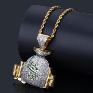 Lant, model dollar bag, pandantiv saculet cu bani, unisex, auriu, - Img 2