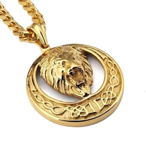 Lant, model lion king cu blazon, pandantiv cap de leu regal, unisex, auriu,