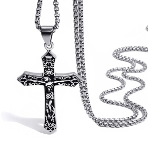Lant model religios, cu pandantiv cruce INRI, unisex, argintiu, - Img 2