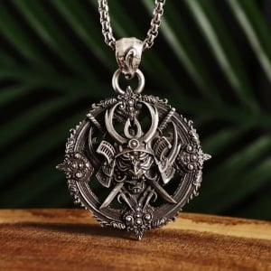 Lant shogun cu pandantiv samurai japonez cu doua katane, model brave life, tematica honor above all, unisex, argintiu, - Img 4