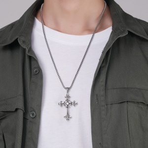 Lant unisex, cu pandantiv tip cruce, model deosebit, tematica holly cross, argintiu, - Img 3