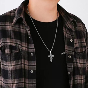 Lant unisex, pandantiv cruce cu detalii delicate, model cu sarpe, tematica holy cross, argintiu, - Img 3
