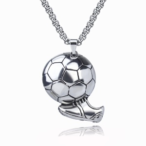 Lant unisex, pandantiv deosebit, model sportiv cu minge si gheata de jucator, tematica I love football, argintiu,