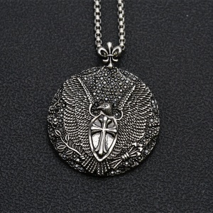 Lant unisex, pandantiv rotund deosebit, model cu vultur si cruce, cristale de sticla cu efect special, tematica royal crest pendant, argintiu, - Img 4