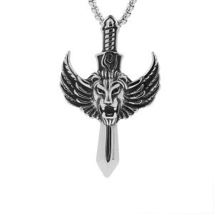 Lant unisex, pandantiv sabie, model deosebit cu aripi si leu, tematica brave lion, argintiu,