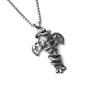 Lant unisex, pandantiv tip cruce cu serpi, model deosebit, tematica deadly sin, argintiu,