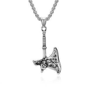 Lant unisex, pandantiv tip topor, model retro cool, tematica viking deadly axe, argintiu,