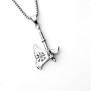 Lant unisex, pandantiv tip topor, model retro cool, tematica viking deadly axe, argintiu, - Img 4