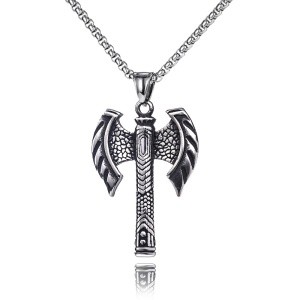 Lant unisex, pandantiv topor, model luptator viking, tematica worrior double edged axe, argintiu,