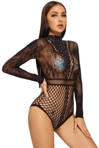 Lenjerie sexy dama, body cu maneci lungi si sclipici, model I’m your queen, negru