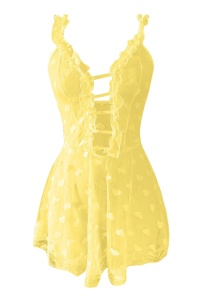 Lenjerie sexy dama, rochie cu bretele si decolteu in V, model cute romantic hearts, imprimeu inimioare, galbena - Img 4